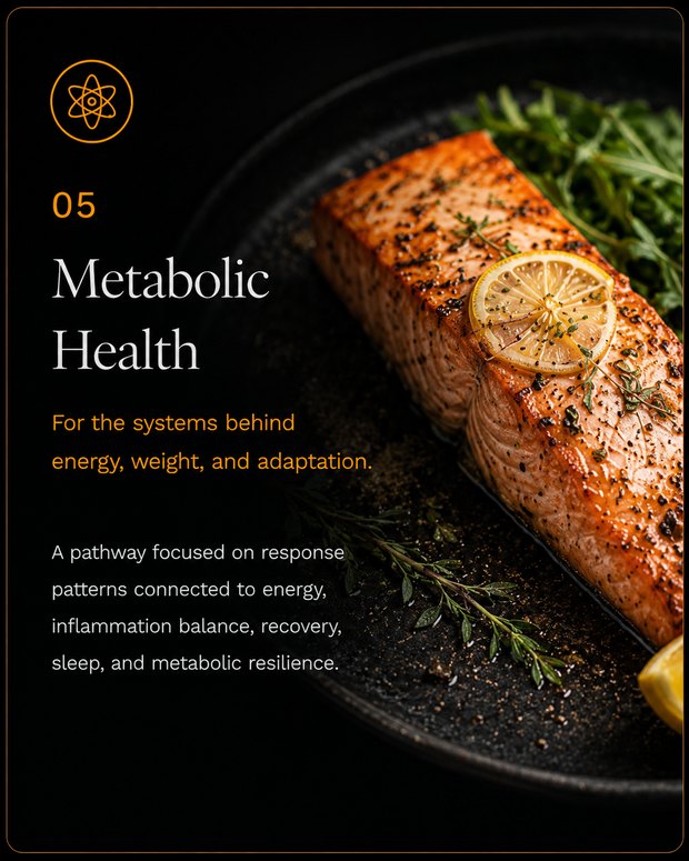 05 — Metabolic Health: For the systems behind energy, weight, and adaptation. A pathway focused on response patterns connected to energy, inflammation balance, recovery, sleep, and metabolic resilience.