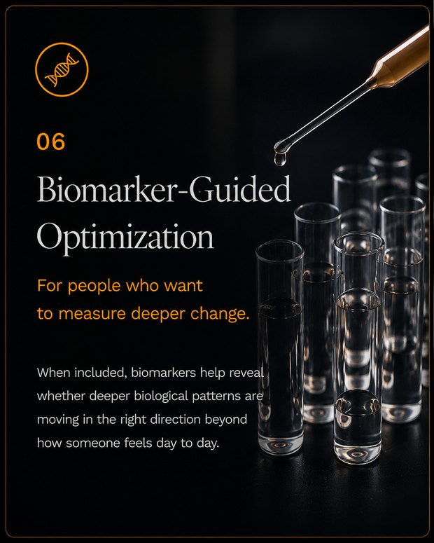 06 — Biomarker-Guided Optimization: For people who want to measure deeper change. When included, biomarkers help reveal whether deeper biological patterns are moving in the right direction beyond how someone feels day to day.