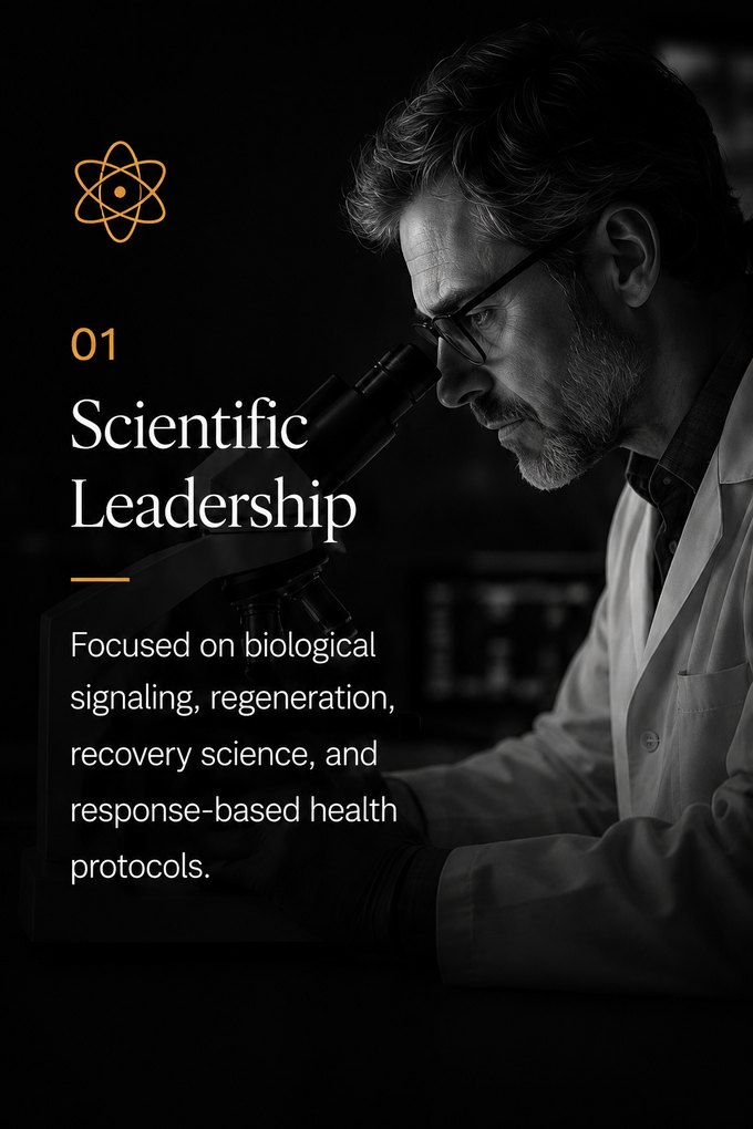 01 — Scientific Leadership: Focused on biological signaling, regeneration, recovery science, and response-based health protocols.